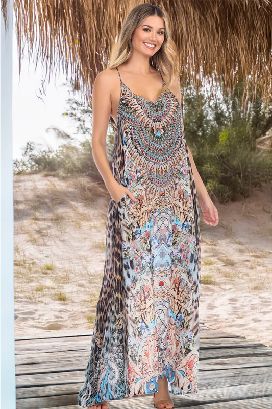 T-Back Maxi Dress Blue Leopard