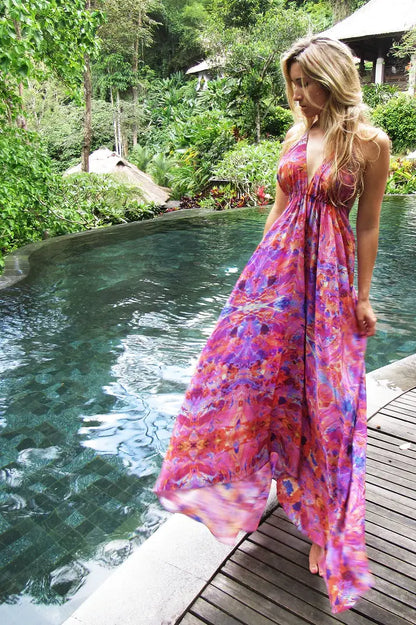 Silk Maxi Ibiza Dress Pink Fire