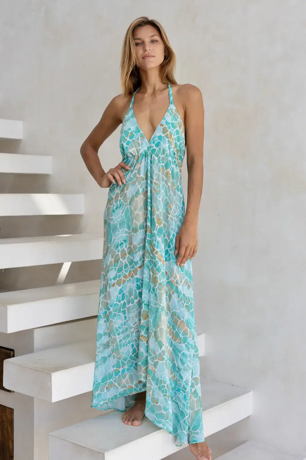 Silk Maxi Ibiza Dress Aqua Pebbles