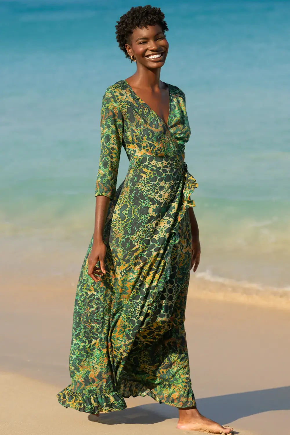 Maxi Ruffle Wrap Dress Emerald Leopard