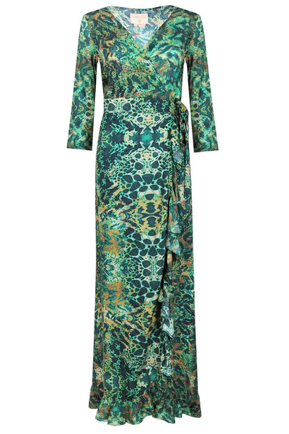 Maxi Ruffle Wrap Dress Emerald Leopard