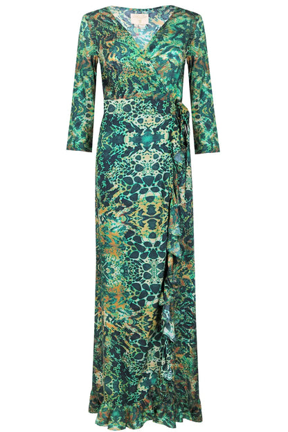 Maxi Ruffle Wrap Dress Emerald Leopard