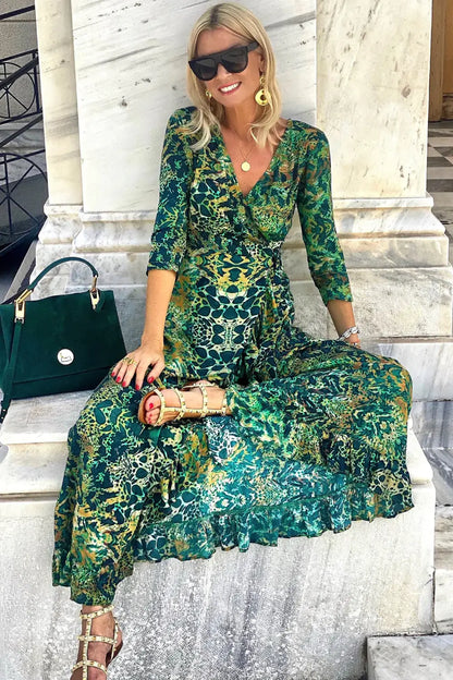 Maxi Ruffle Wrap Dress Emerald Leopard