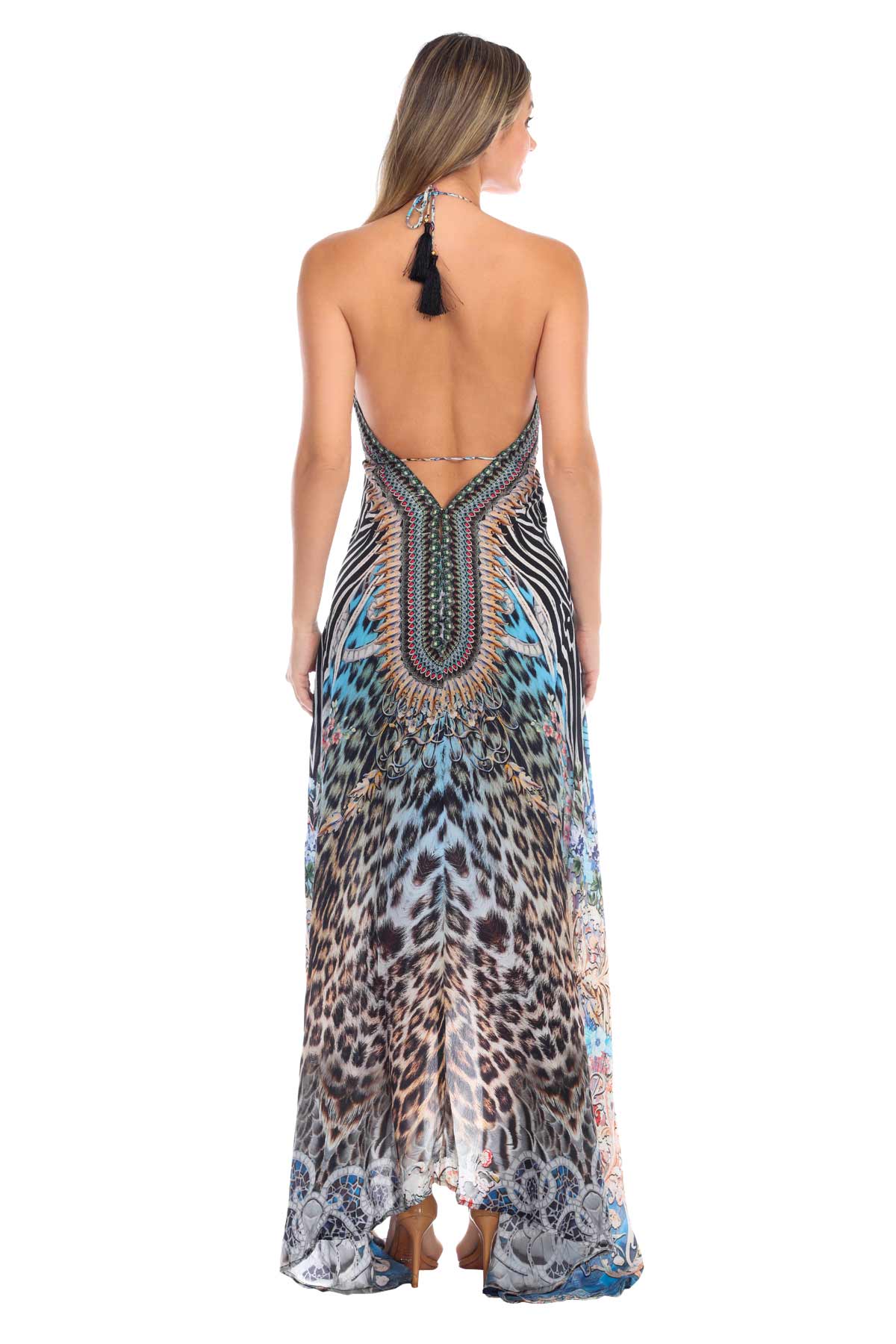 Halter Maxi Dress Blue Leopard