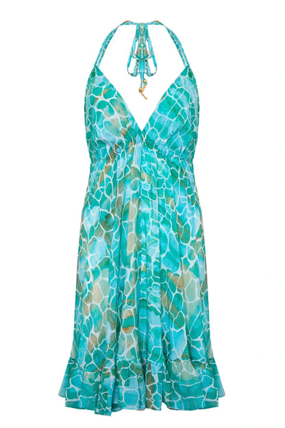 Silk Mini Ibiza Dress Aqua Pebbles