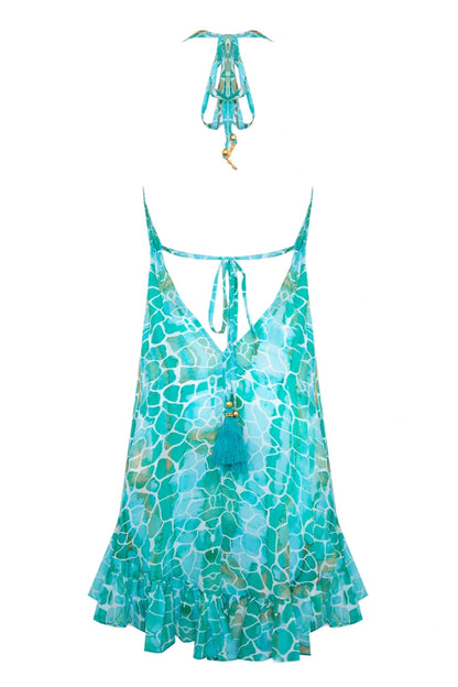 Silk Mini Ibiza Dress Aqua Pebbles