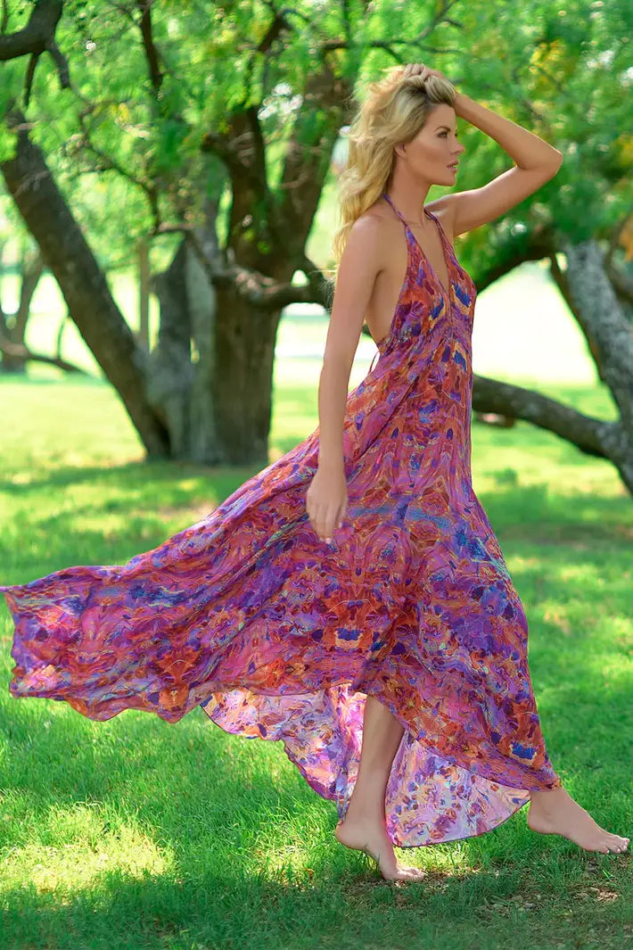 Silk Maxi Ibiza Dress Pink Fire