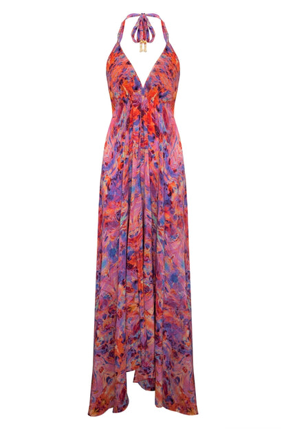 Silk Maxi Ibiza Dress Pink Fire