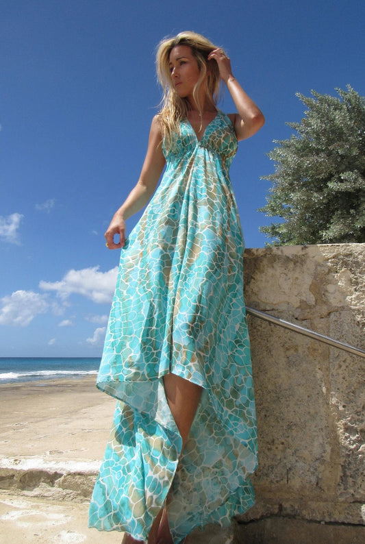 Silk Maxi Ibiza Dress Aqua Pebbles